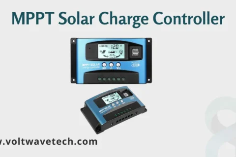 A close-up image of an MPPT solar charge controller, a device used to optimize solar panel output by tracking the maximum power point of the solar array.