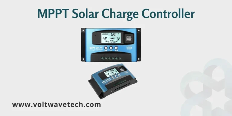 A close-up image of an MPPT solar charge controller, a device used to optimize solar panel output by tracking the maximum power point of the solar array.